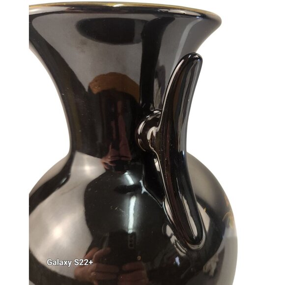 Vintage Black Ceramic Vase With Floral & Peacock Motif Gold Accents Decorative D - Picture 10 of 16